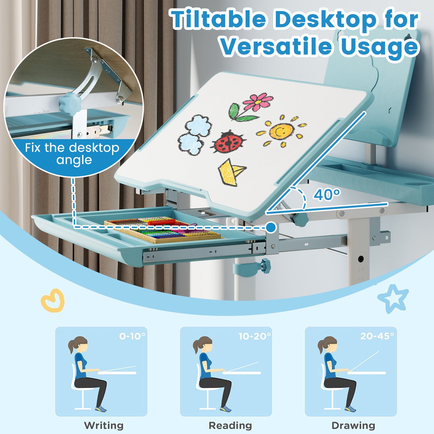 Kids Study Desk Chair Set, Tilt Desktop Book Stand, Blue Kids Table & Chair Sets at Gallery Canada