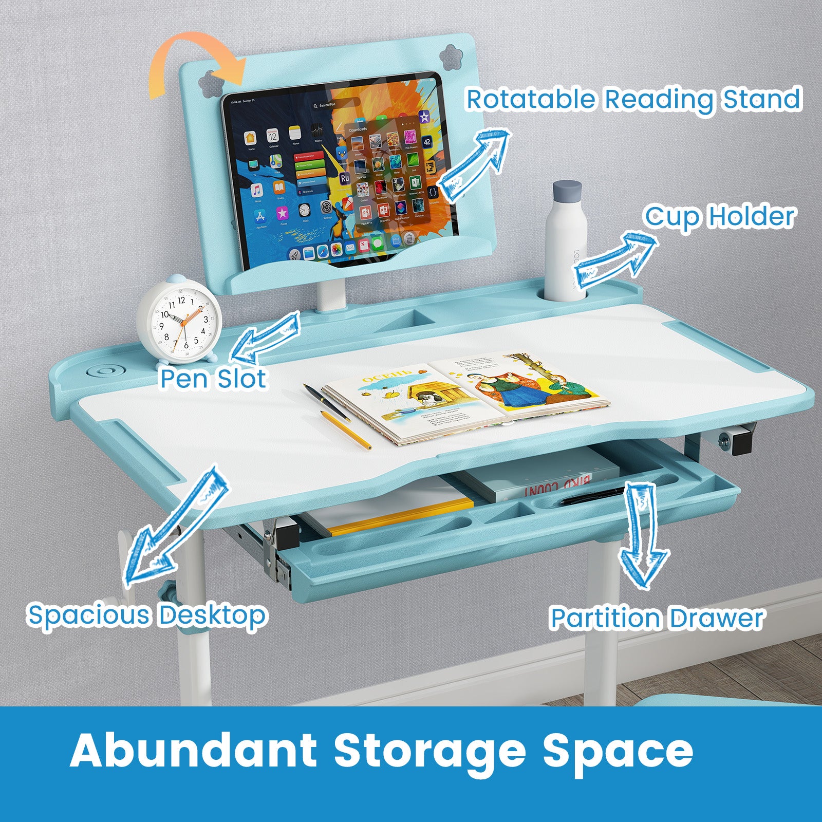Kids Study Desk Chair Set, Tilt Desktop Book Stand, Blue Kids Table & Chair Sets at Gallery Canada