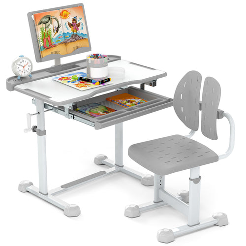 Kids Study Desk and Chair Set, Tilt Desktop, Book Stand, Gray