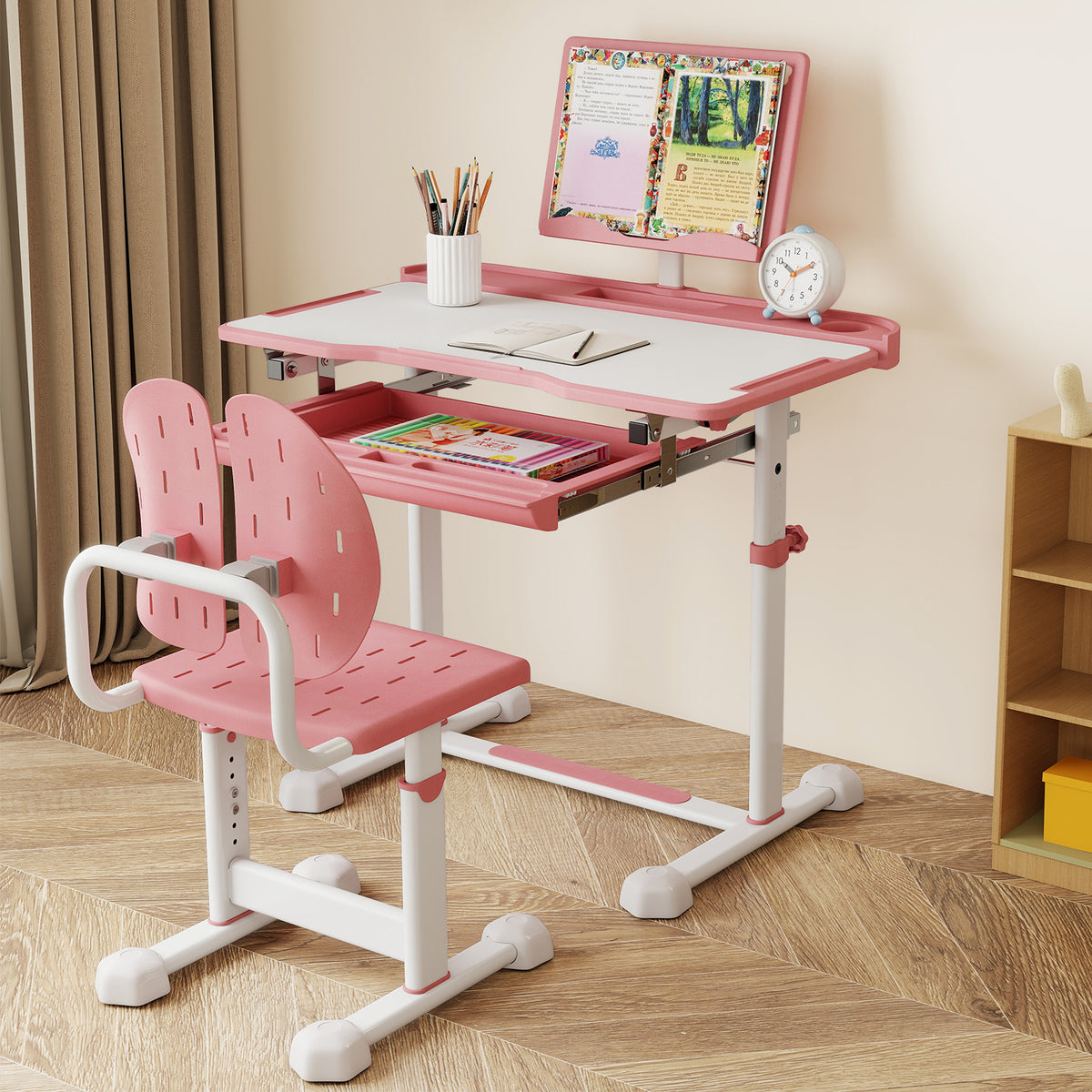 Kids Study Desk And Chair Set, Tilt Desktop, Book Stand, Pink Kids Table & Chair Sets at Gallery Canada