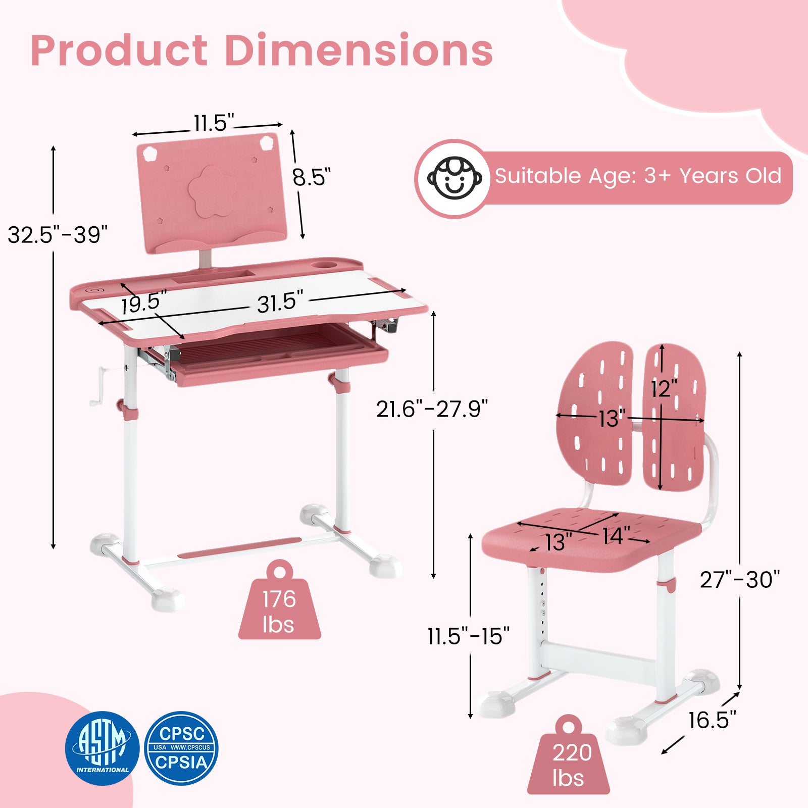 Kids Study Desk And Chair Set, Tilt Desktop, Book Stand, Pink Kids Table & Chair Sets at Gallery Canada