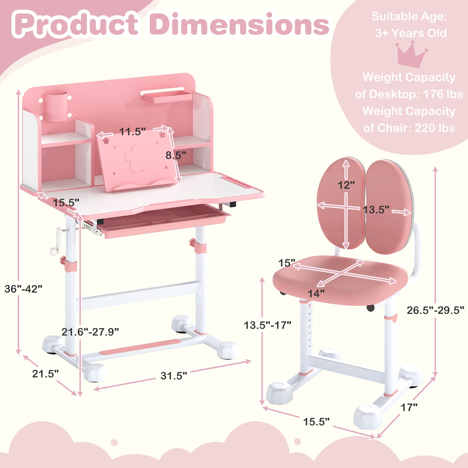 Kids Study Desk, Tilt Desktop, Pen Holder, Pink Kids Table & Chair Sets at Gallery Canada