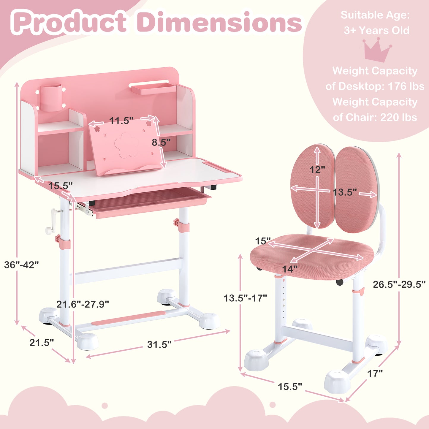 Kids Study Desk, Tilt Desktop, Pen Holder, Pink Kids Table & Chair Sets at Gallery Canada
