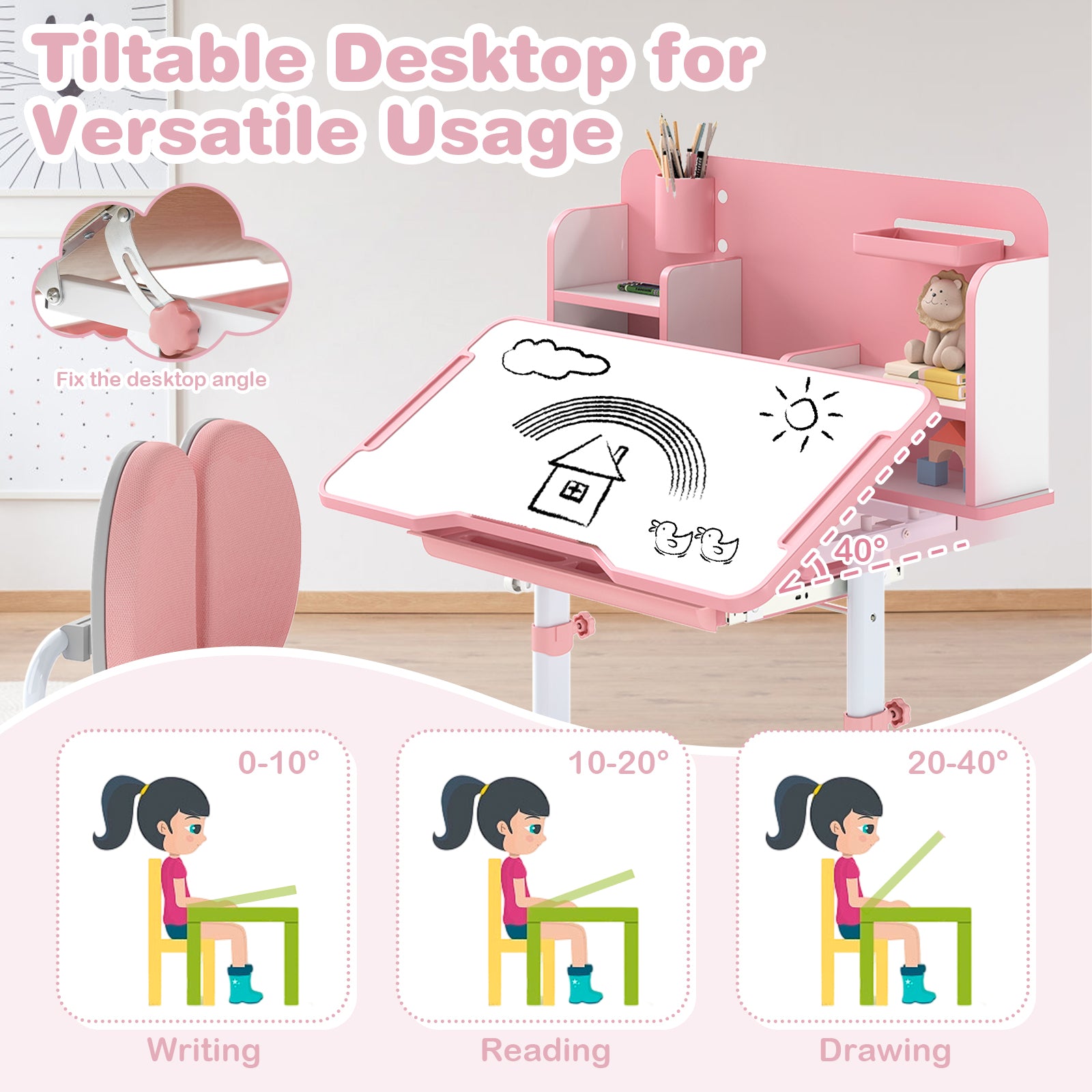 Kids Study Desk, Tilt Desktop, Pen Holder, Pink Kids Table & Chair Sets at Gallery Canada