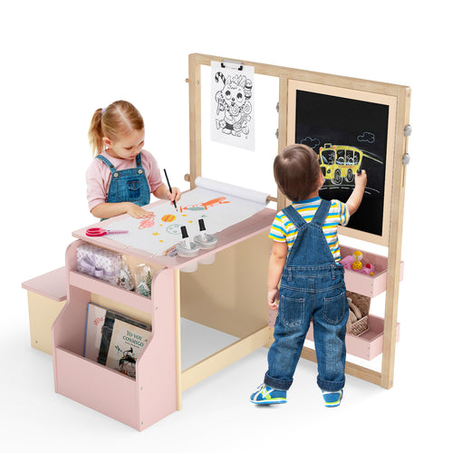Kids Art Center Wooden Table Bench Set-PI, Pink