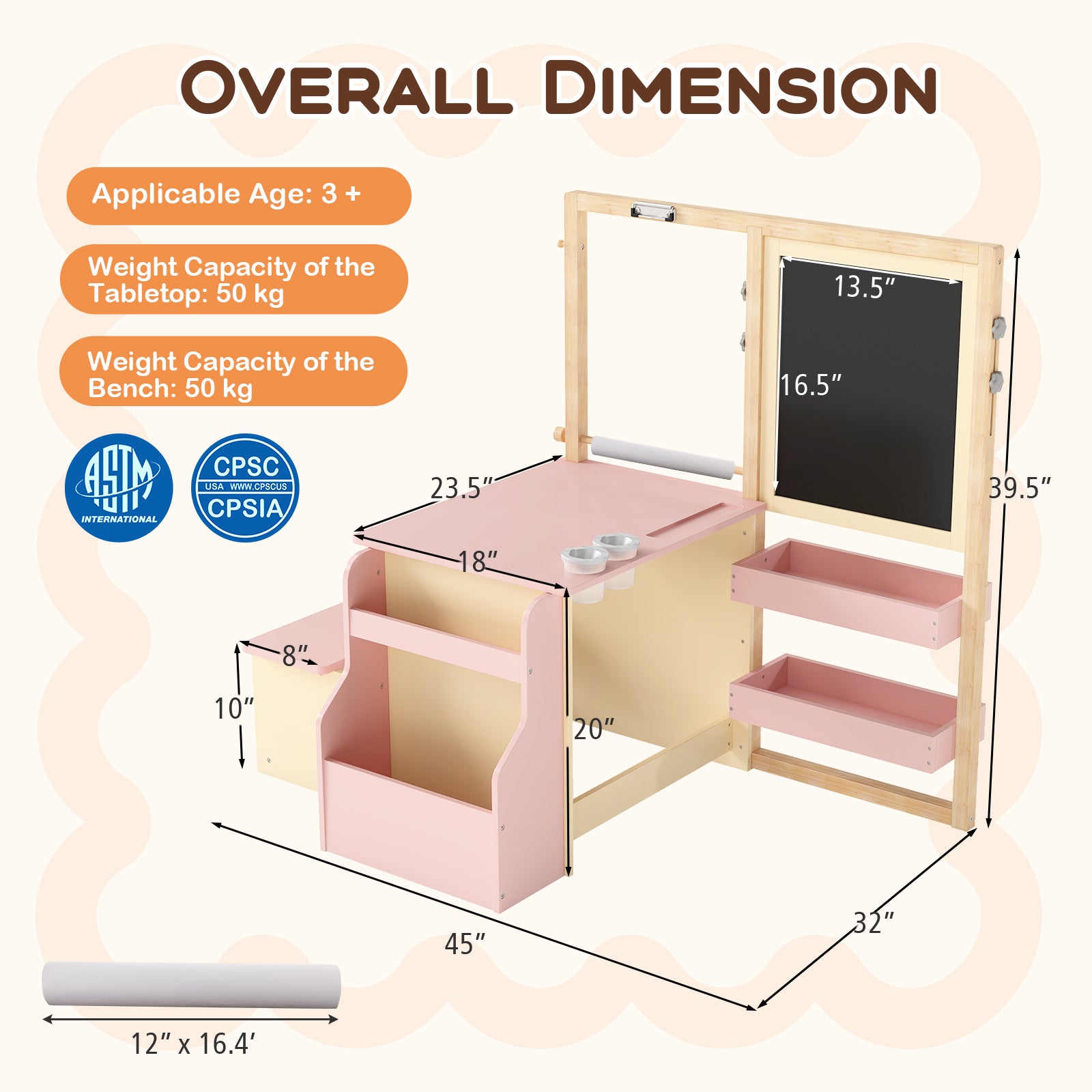Kids Art Center Wooden Table Bench Set-PI, Pink Kids Table & Chair Sets at Gallery Canada
