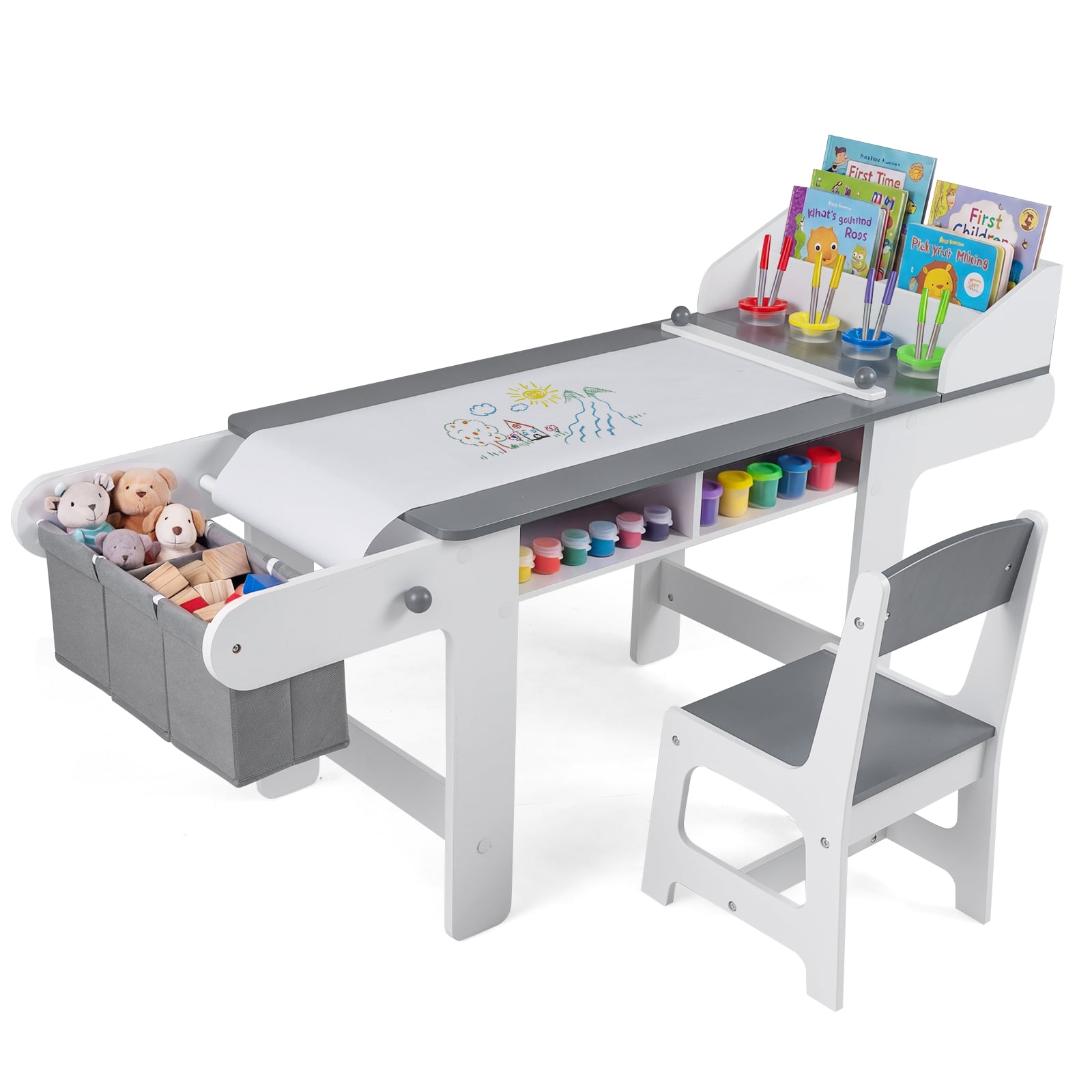 Kids Art Table and Chair with Paper Roll and Fabric Bins for Drawing Reading Studying Playing, Gray Kids Table & Chair Sets Gray at Gallery Canada