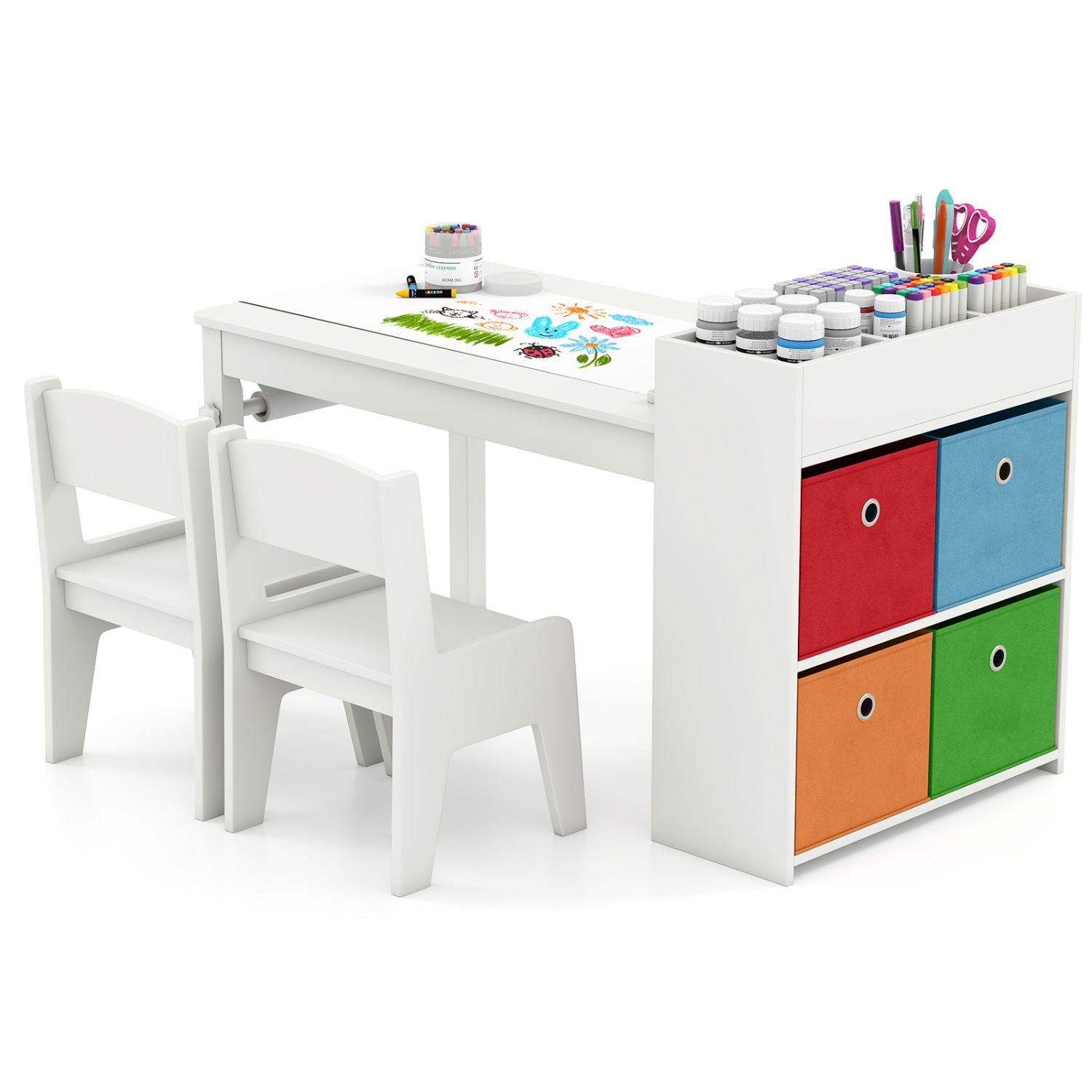 Kids Art Table And Chairs Set, 2 Chairs With Paper Roll, White Kids Table & Chair Sets White at Gallery Canada