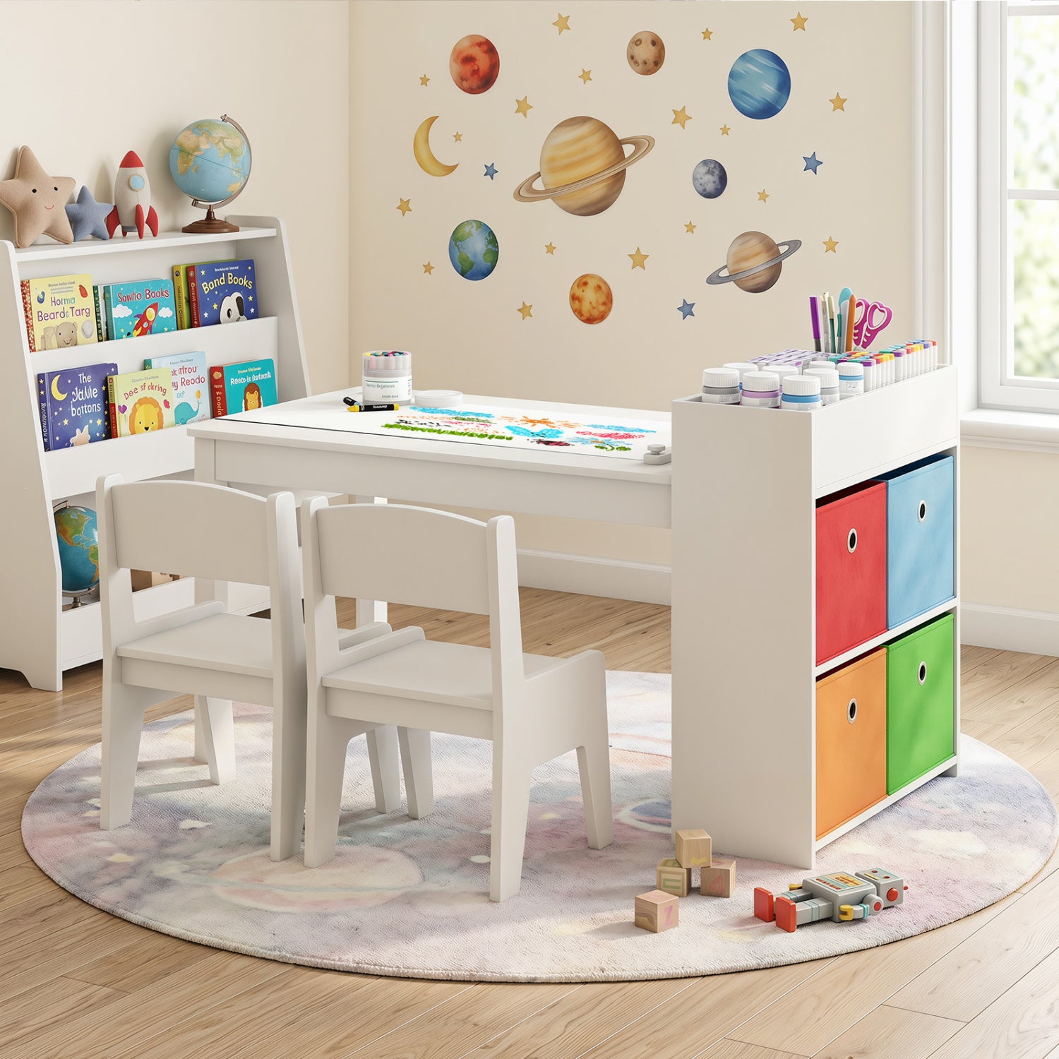 Kids Art Table And Chairs Set, 2 Chairs With Paper Roll, White Kids Table & Chair Sets at Gallery Canada