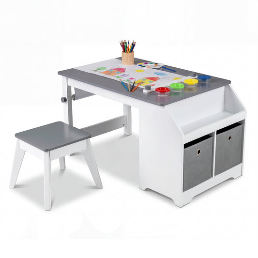 Kids Art Table and Stool Set Toddler Activity Desk with Paper Roll and 4 Paint Cups for Drawing Learning, Gray Kids Table & Chair Sets Gray at Gallery Canada