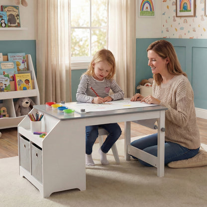 Kids Art Table and Stool Set Toddler Activity Desk with Paper Roll and 4 Paint Cups for Drawing Learning, Gray Kids Table & Chair Sets at Gallery Canada