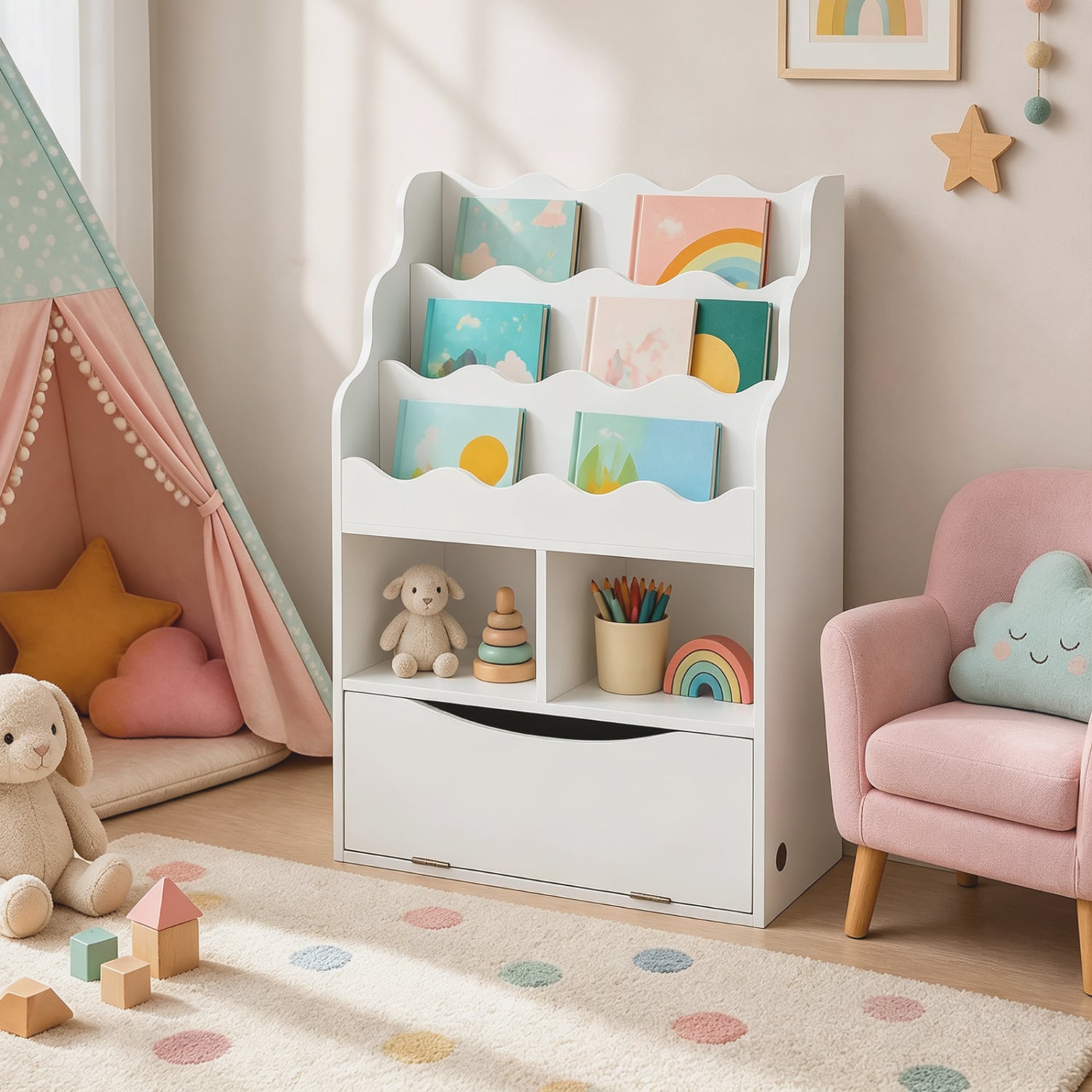 Kids 3-Tier Sling Bookshelf, Open Cubes, Flip Down Cabinet, White Bookcases at Gallery Canada