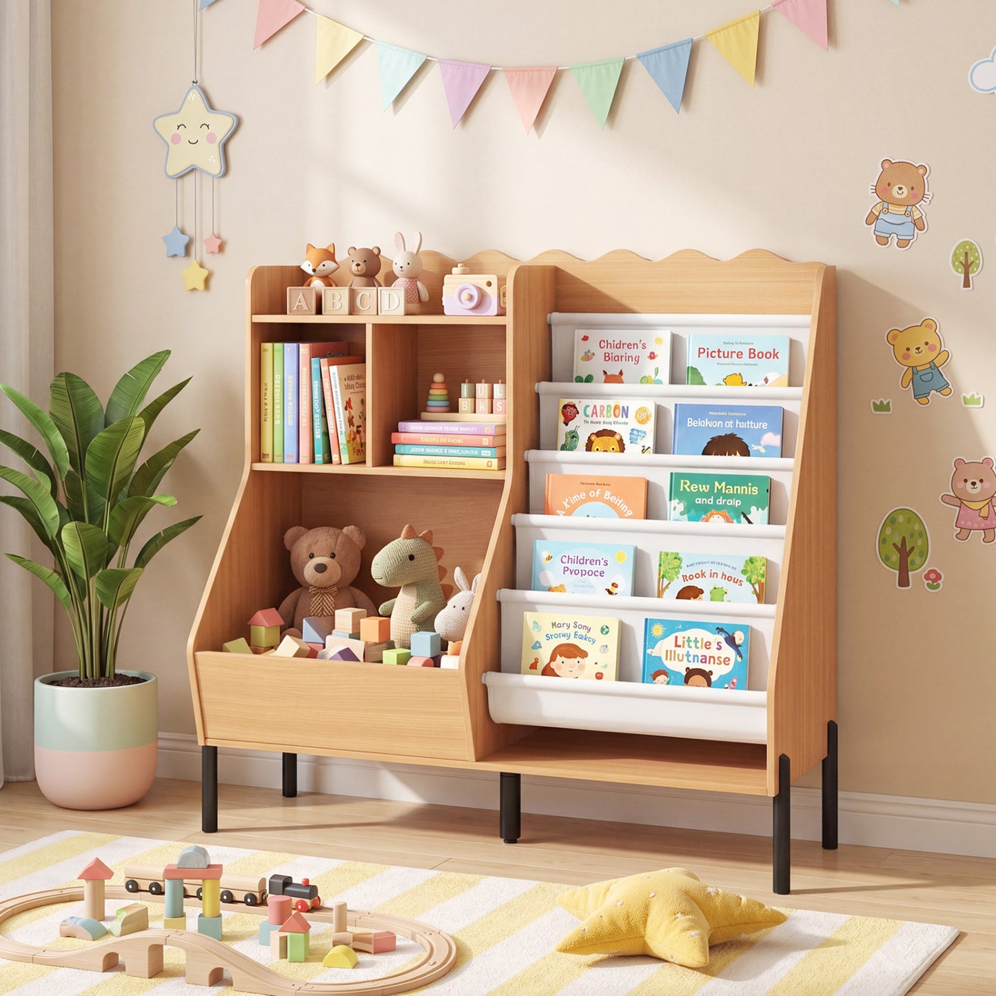 Kids Wooden Bookshelf with 5 Fabric Pockets, Natural Kids Storage at Gallery Canada