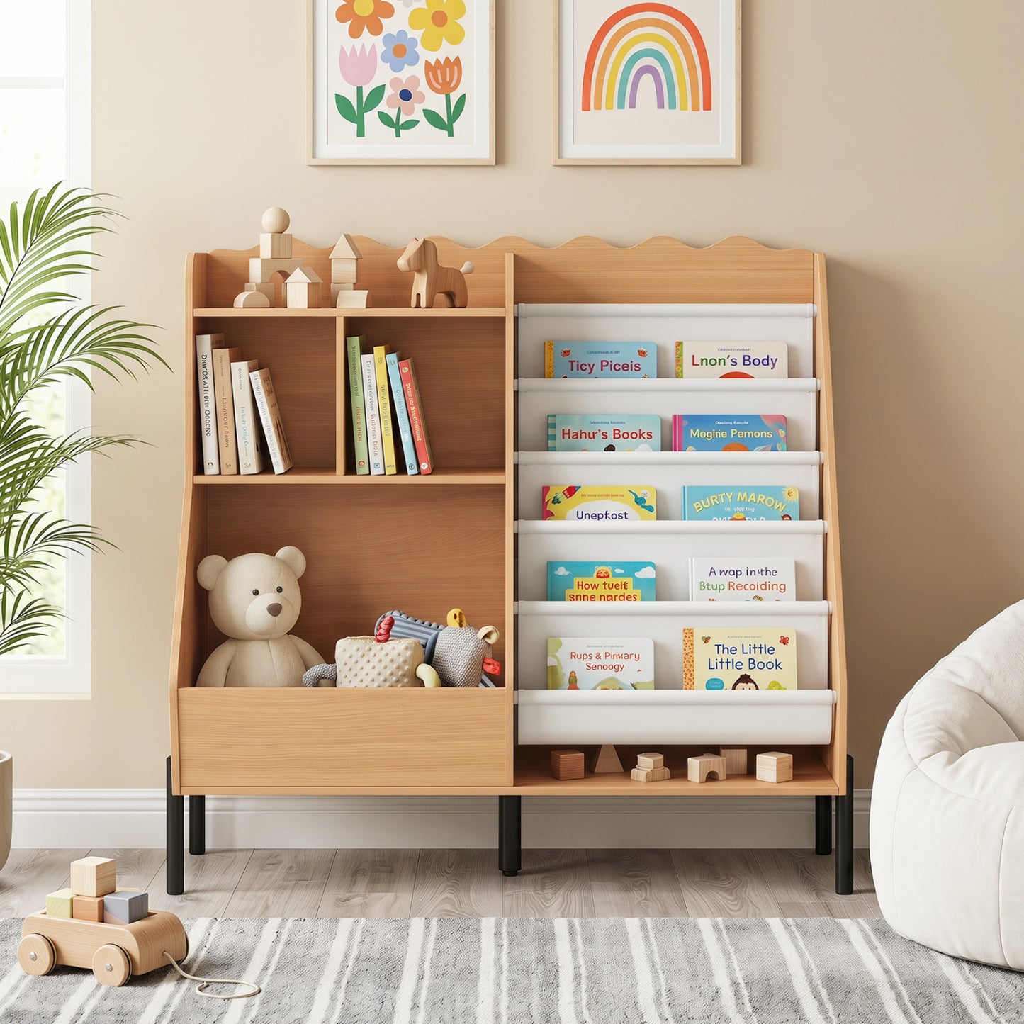 Kids Wooden Bookshelf with 5 Fabric Pockets, Natural Kids Storage at Gallery Canada