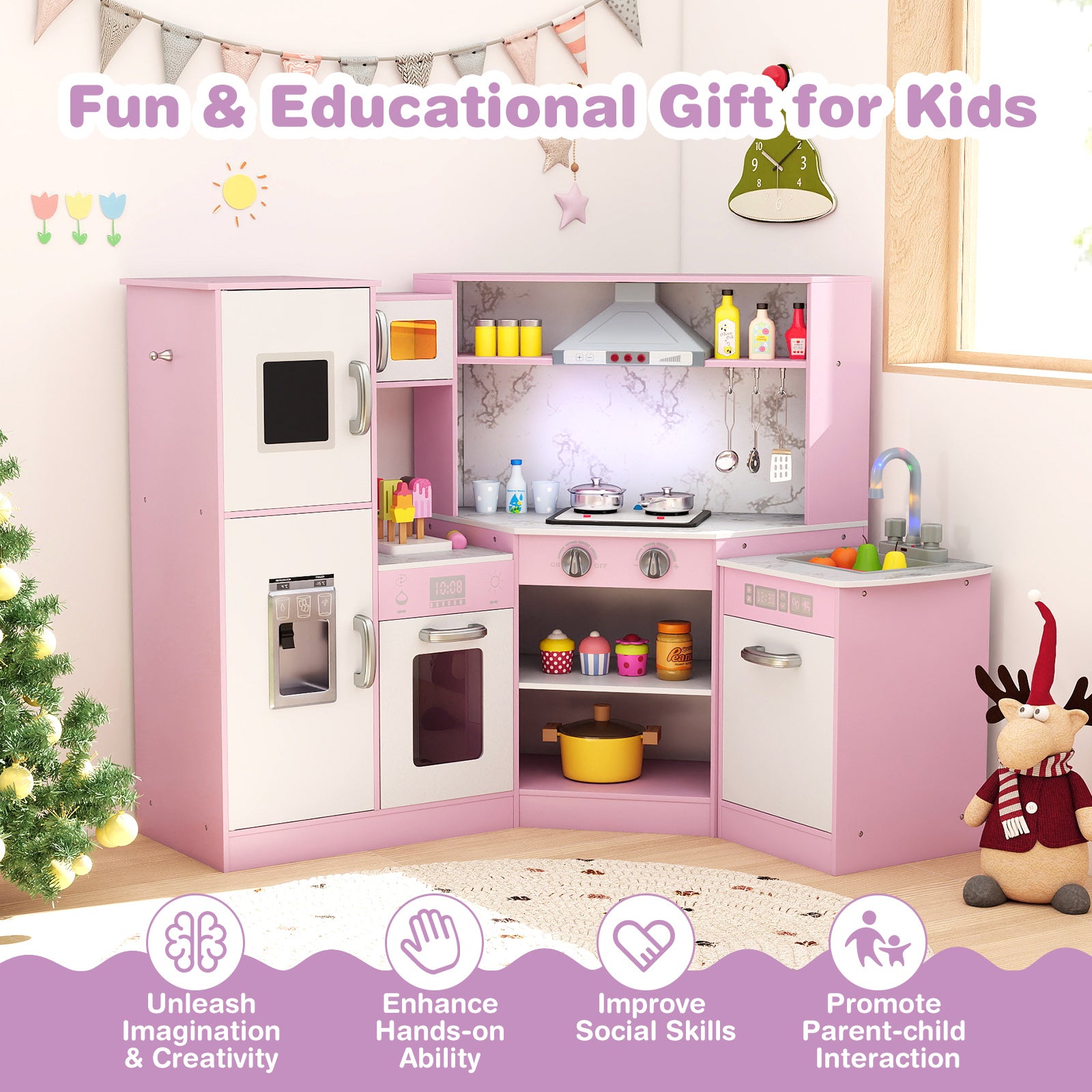 Kids Corner Pretend Kitchen Playset with Separated Washing Basin, Pink Play Kitchen Sets at Gallery Canada