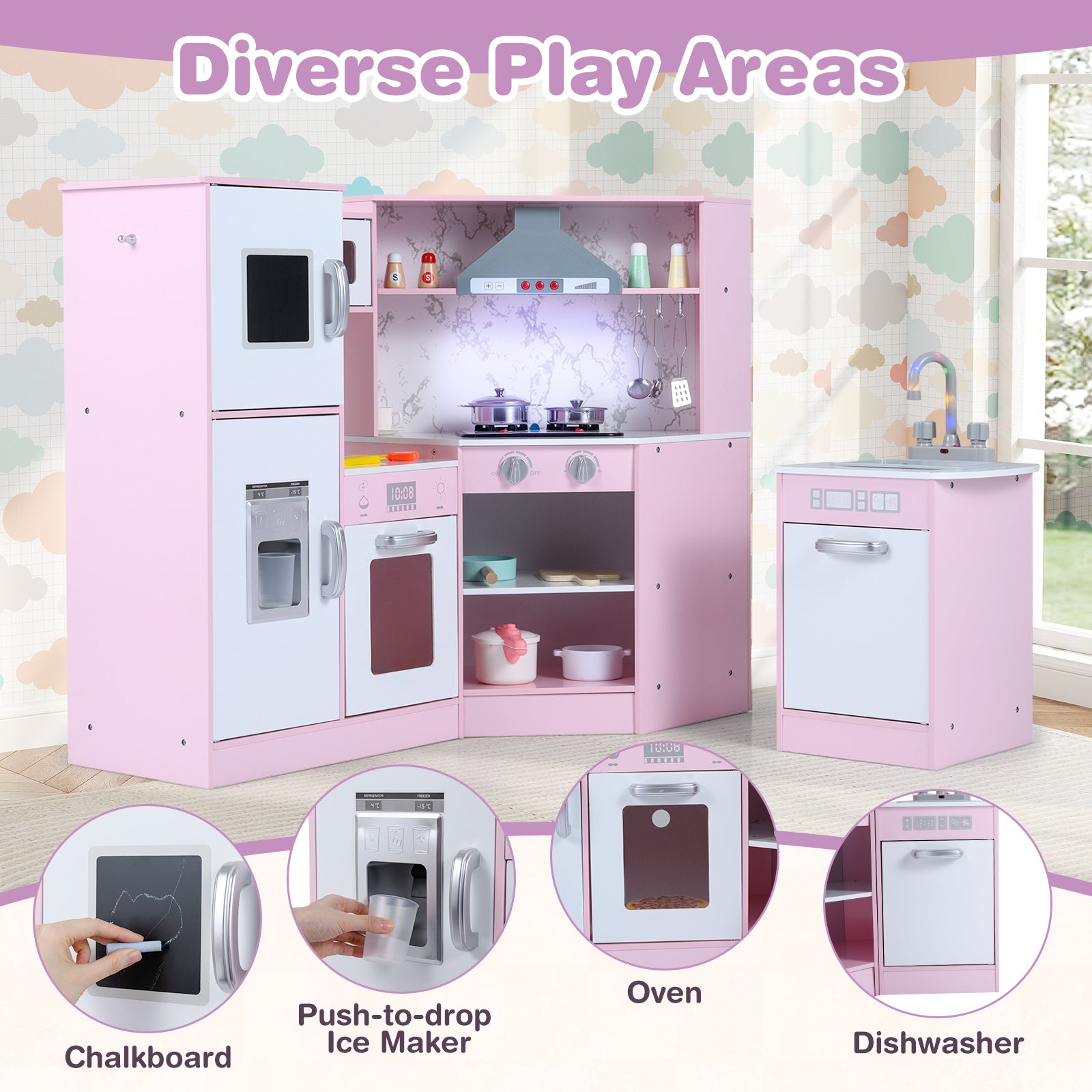 Kids Corner Pretend Kitchen Playset with Separated Washing Basin, Pink Play Kitchen Sets at Gallery Canada