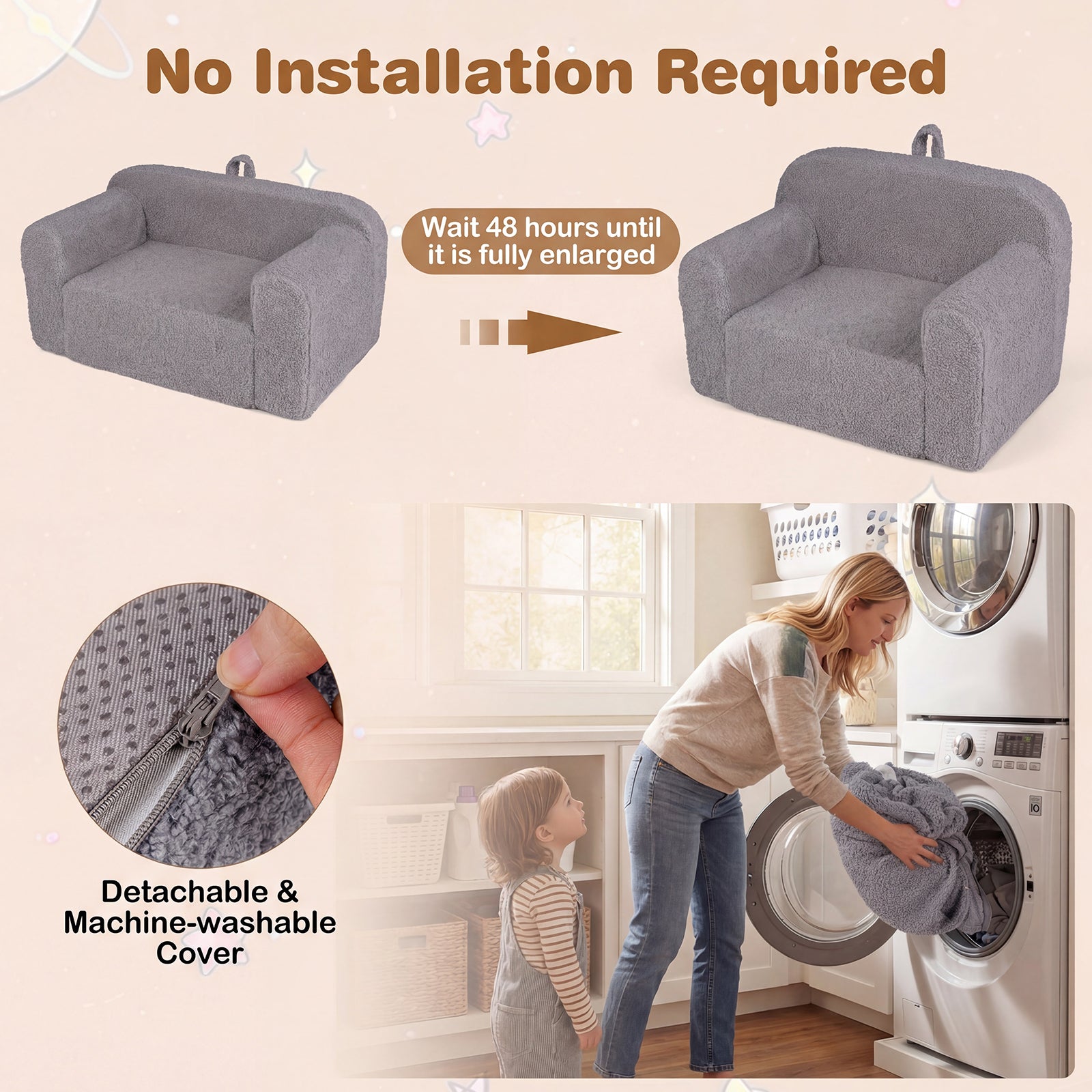 Portable Toddler Sofa With Anti-Slip Base, Gray Kids Chairs & Seating at Gallery Canada