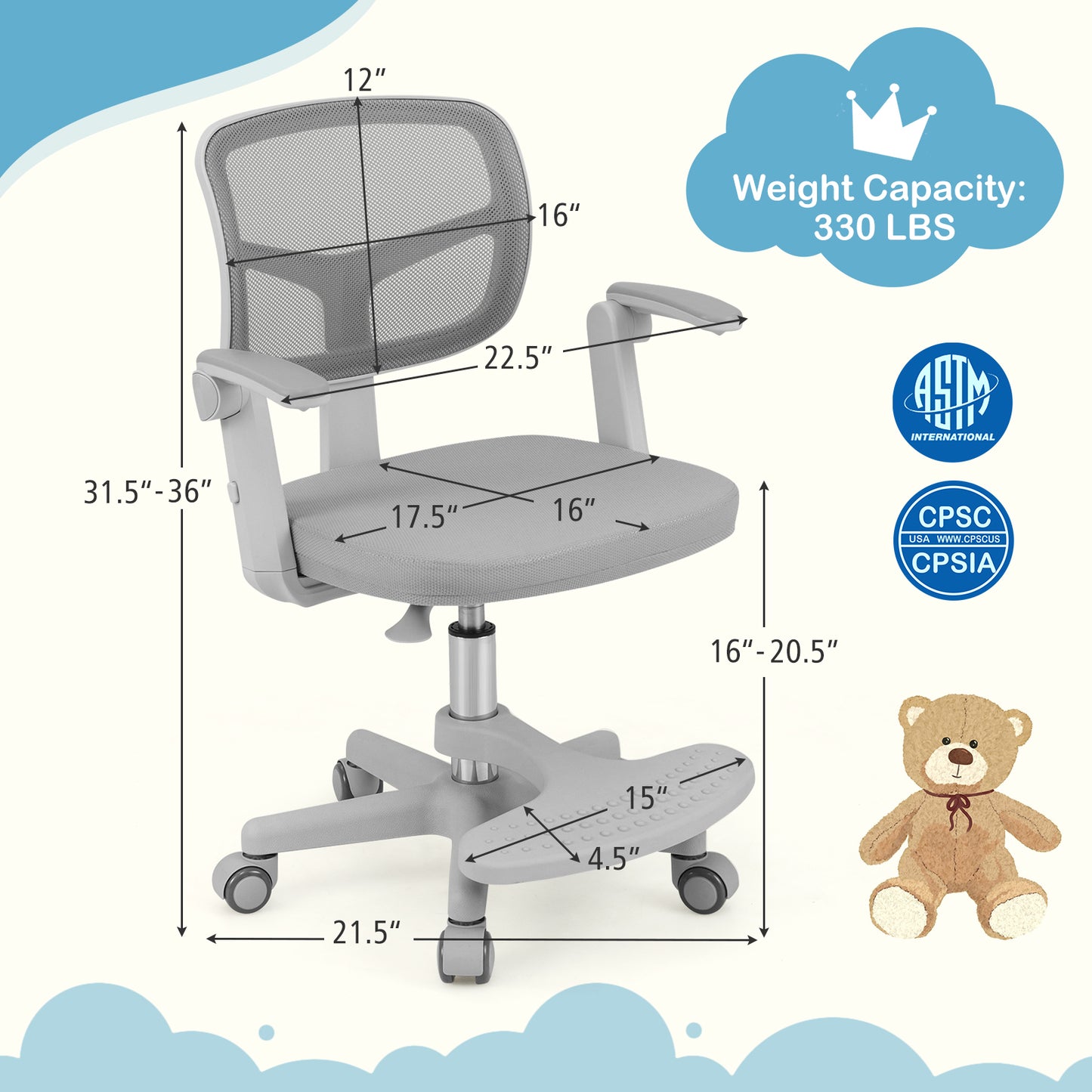 Kids Desk Chair, Adjustable Height, Armrest, Footrest, Gray Kids Chairs & Seating at Gallery Canada