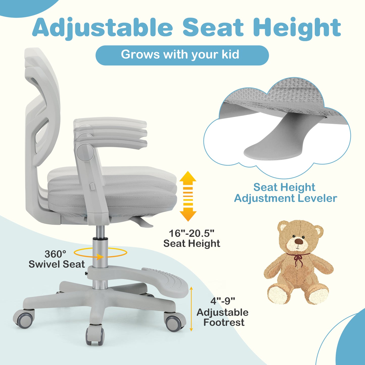 Kids Desk Chair, Adjustable Height, Armrest, Footrest, Gray Kids Chairs & Seating at Gallery Canada