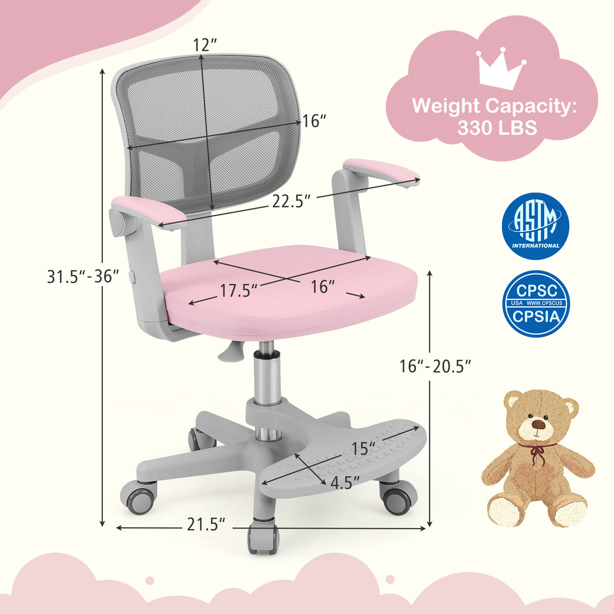 Kids Desk Chair, Adjustable Height, Armrest, Footrest, Pink Kids Chairs & Seating at Gallery Canada