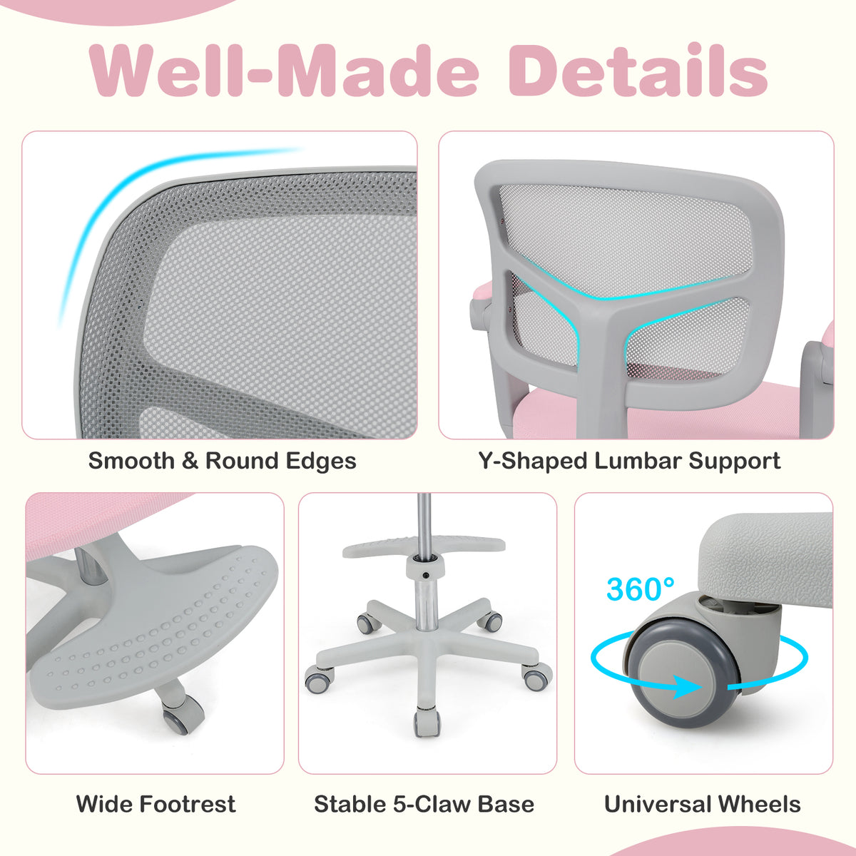 Kids Desk Chair, Adjustable Height, Armrest, Footrest, Pink Kids Chairs & Seating at Gallery Canada