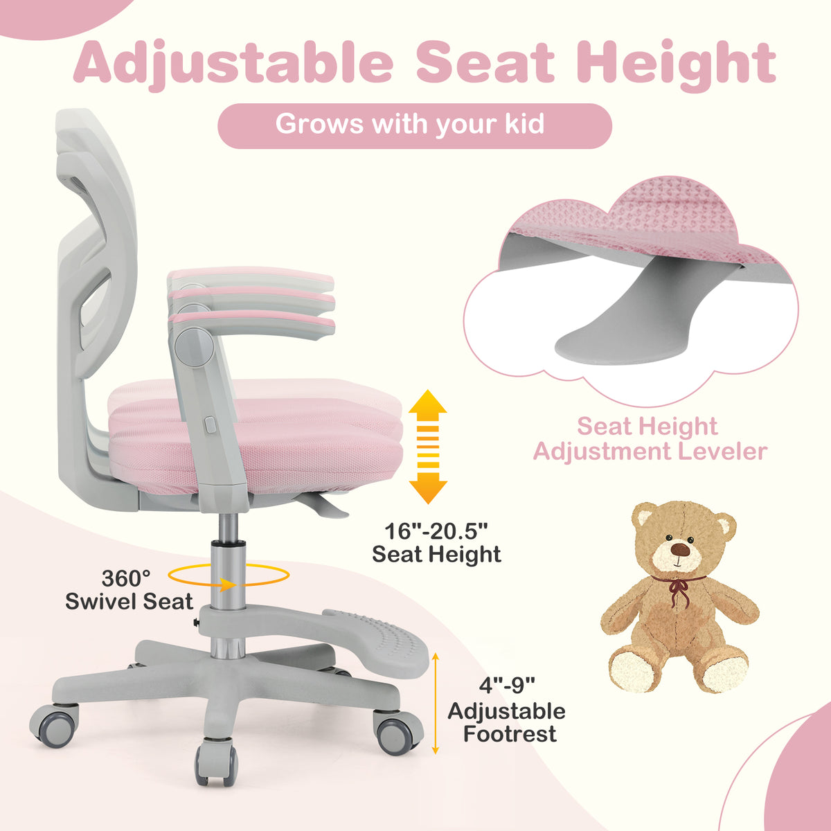 Kids Desk Chair, Adjustable Height, Armrest, Footrest, Pink Kids Chairs & Seating at Gallery Canada