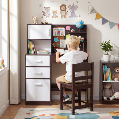 Kids Desk Chair Set, Bulletin Board, 3 Drawers, 2 Storage Cabinets, Rustic Brown