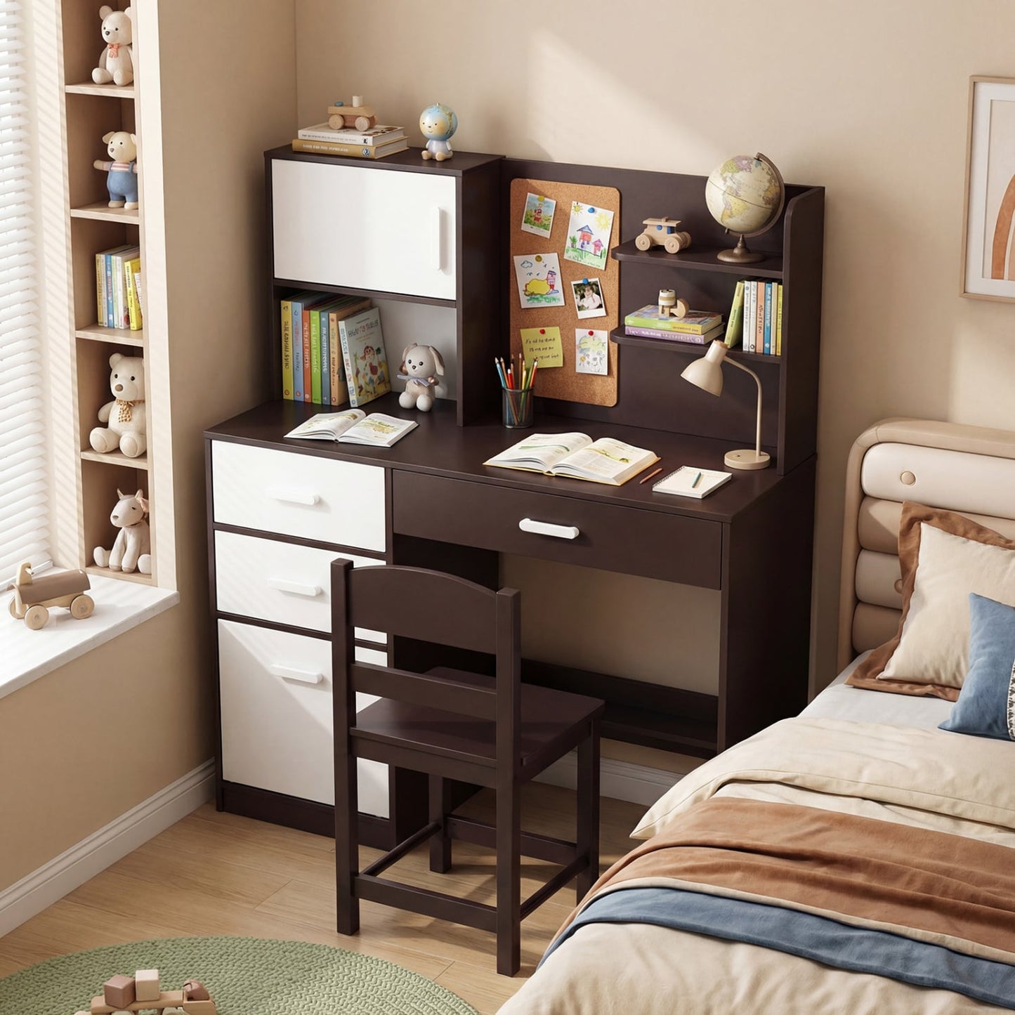 Kids Desk Chair Set, Bulletin Board, 3 Drawers, 2 Storage Cabinets, Rustic Brown