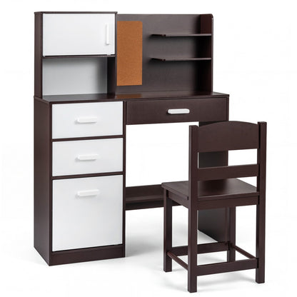 Kids Desk Chair Set, Bulletin Board, 3 Drawers, 2 Storage Cabinets, Rustic Brown