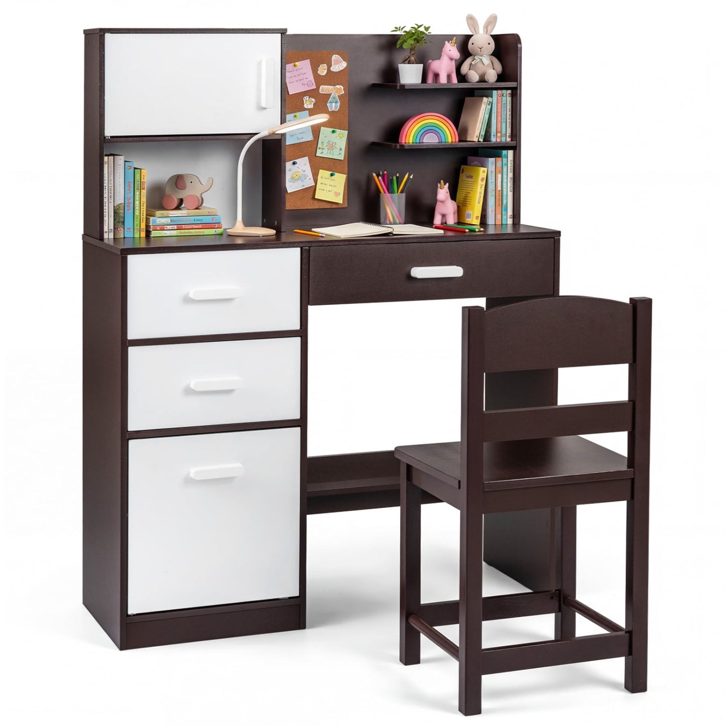 Kids Desk Chair Set, Bulletin Board, 3 Drawers, 2 Storage Cabinets, Rustic Brown