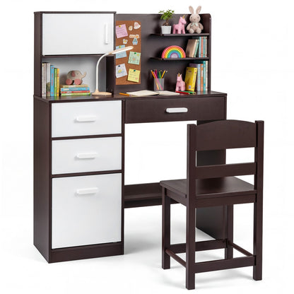 Kids Desk Chair Set, Bulletin Board, 3 Drawers, 2 Storage Cabinets, Rustic Brown