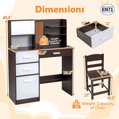 Kids Desk Chair Set, Bulletin Board, 3 Drawers, 2 Storage Cabinets, Rustic Brown