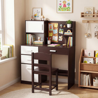 Kids Desk Chair Set, Bulletin Board, 3 Drawers, 2 Storage Cabinets, Rustic Brown