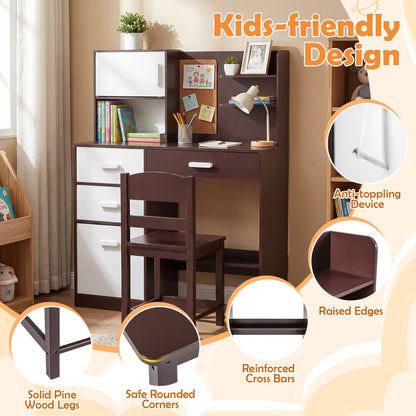 Kids Desk Chair Set, Bulletin Board, 3 Drawers, 2 Storage Cabinets, Rustic Brown