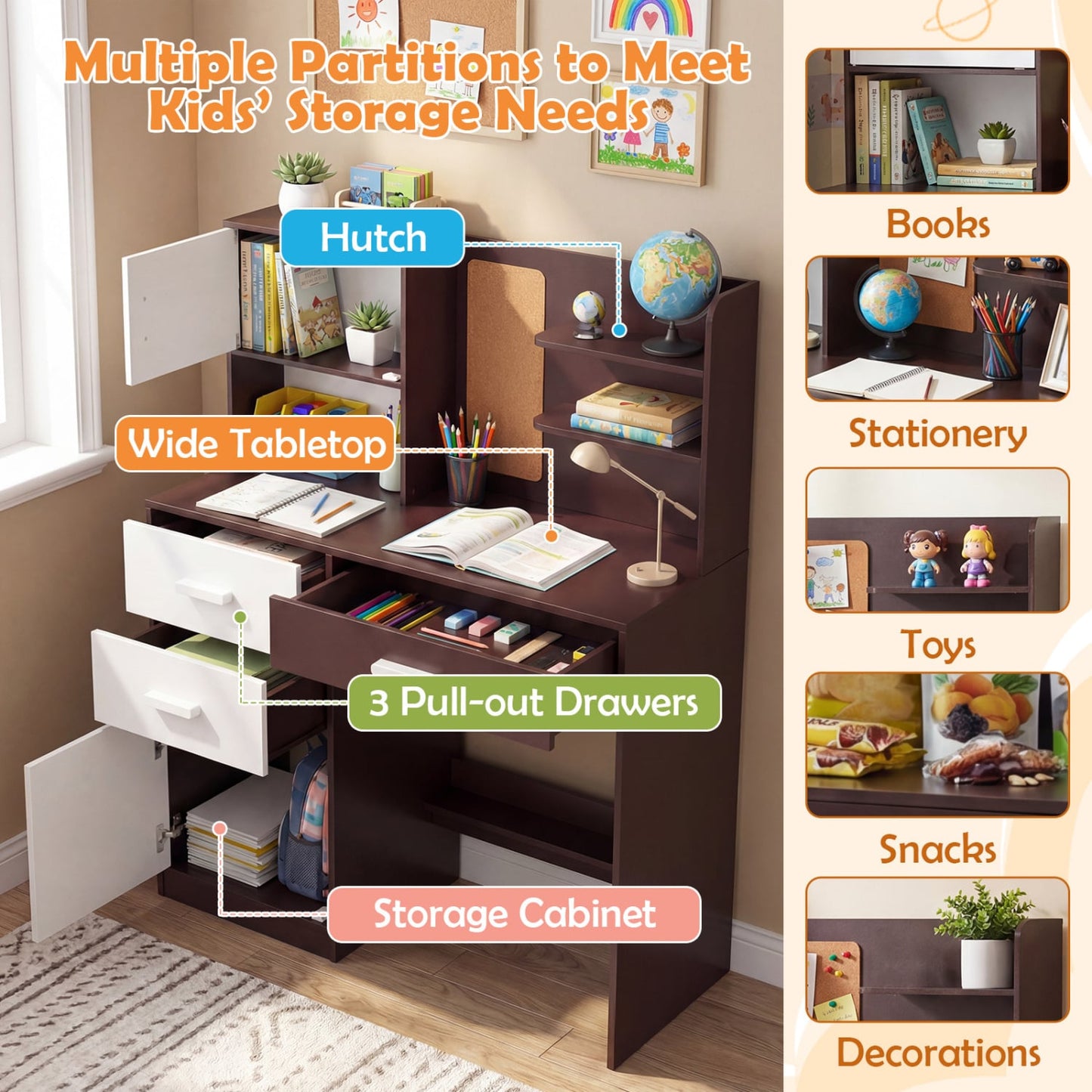 Kids Desk Chair Set, Bulletin Board, 3 Drawers, 2 Storage Cabinets, Rustic Brown