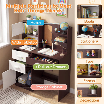 Kids Desk Chair Set, Bulletin Board, 3 Drawers, 2 Storage Cabinets, Rustic Brown