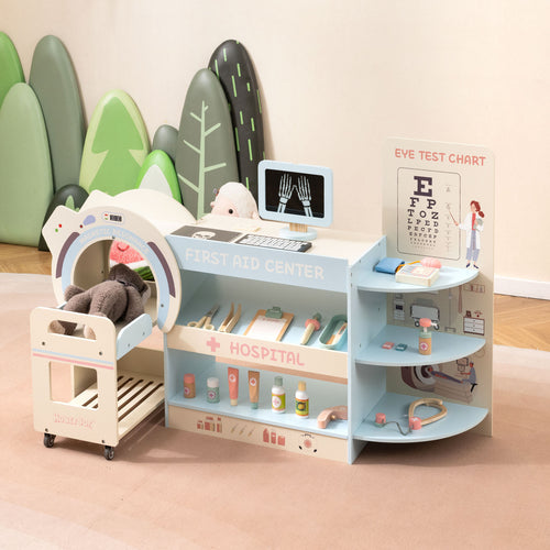 Kids Doctor Play Set, Wooden Hospital Office Kit, Blue