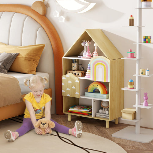 Kids Dollhouse Bookshelf, House-Shaped Bookcase, Natural