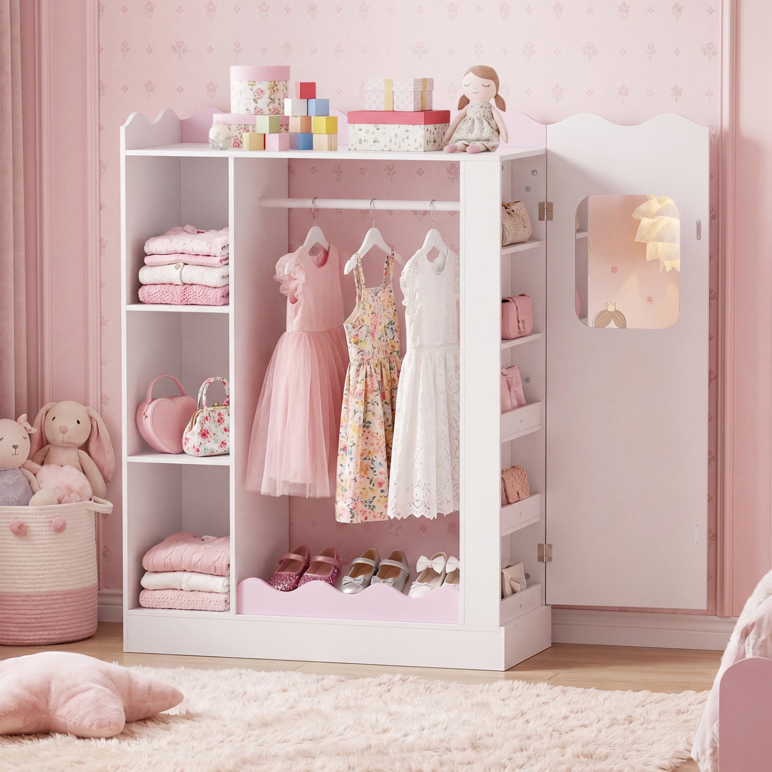 Kids Dress Up Storage with Mirrors and Hanging Rack and Shelves for Bedroom, White & Pink Kids Storage at Gallery Canada