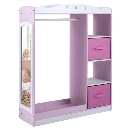 Kids Dress Up Storage with Full Length Mirror and Open Shelves, Pink