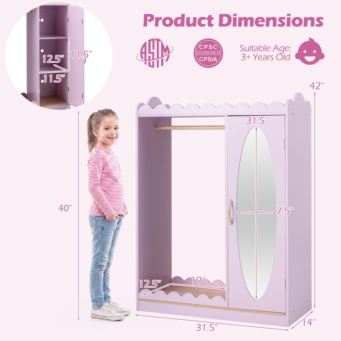 Kids Dress Up Storage with Mirror Door Cabinet, Pink Kids Storage at Gallery Canada