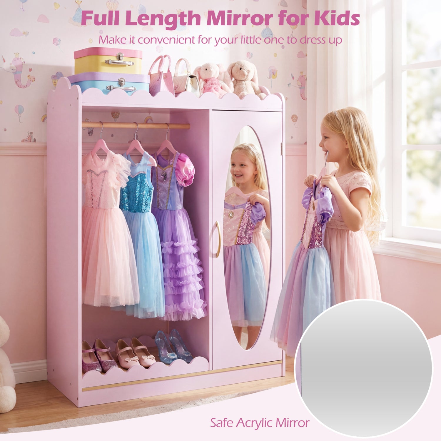 Kids Dress Up Storage with Mirror Door Cabinet, Pink Kids Storage at Gallery Canada