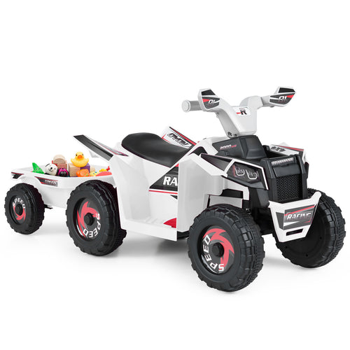 6V Kids Electric ATV Quad Car, With Detachable Trailer, White