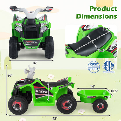 6V Kids Electric ATV Quad Car, Detachable Trailer, Green Powered Ride On Toys at Gallery Canada