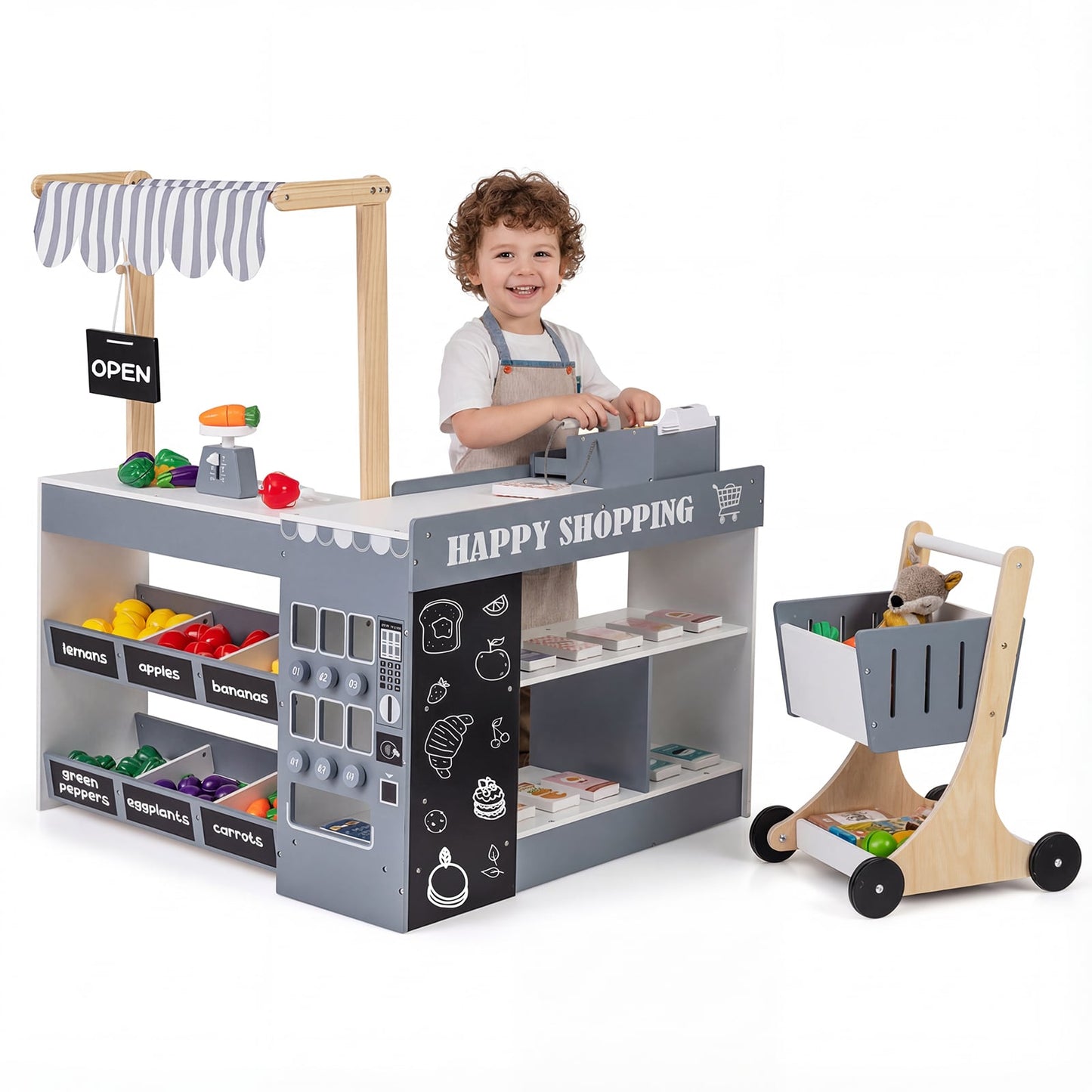 Kids Grocery Store Playset Wooden Pretend Play Supermarket with Shopping Cart, Gray Play Tents & Playhouse Gray at Gallery Canada