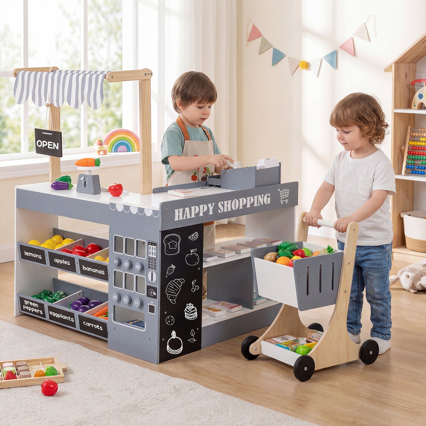 Kids Grocery Store Playset Wooden Pretend Play Supermarket with Shopping Cart, Gray Play Tents & Playhouse at Gallery Canada