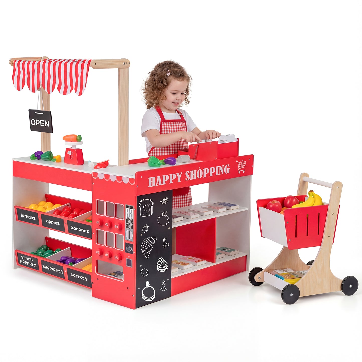 Kids Grocery Store Playset Wooden Pretend Play Supermarket with Shopping Cart, Red Play Tents & Playhouse at Gallery Canada