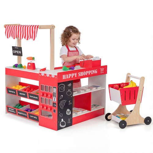 Kids Grocery Store Playset Wooden Pretend Play Supermarket with Shopping Cart, Red