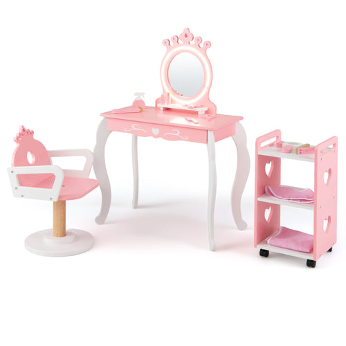 Kids Hair Salon Play Set, LED Mirror, Wooden Station, Pink