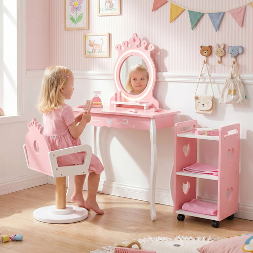 Kids Hair Salon Play Set, LED Mirror, Wooden Station, Pink